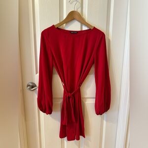 SHEIN Red Long Sleeve Tie-Waist Dress